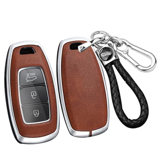 SANRILY PU Leather 3/4/5 Button Key Fob Cover Fit for Hyundai Palisade GT 2022 Accent Kona Santa Fe Veloster Azera Grandeur IG Elantra GT Venue Keyless with Keychain Silver-Brown - Image 1