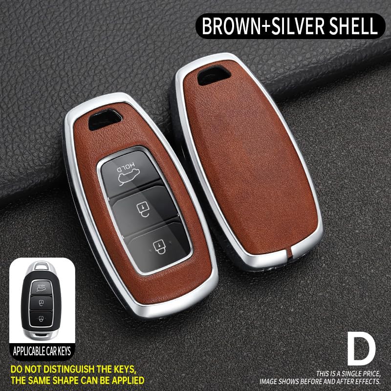 SANRILY PU Leather 3/4/5 Button Key Fob Cover Fit for Hyundai Palisade GT 2022 Accent Kona Santa Fe Veloster Azera Grandeur IG Elantra GT Venue Keyless with Keychain Silver-Brown - Image 3