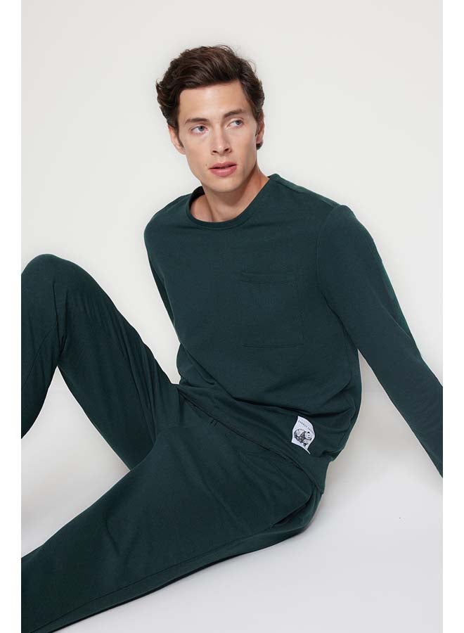 trendyol Green Regular Fit Label Detailed Knitted Pajamas Set TMNAW24PT00029  - Image 1