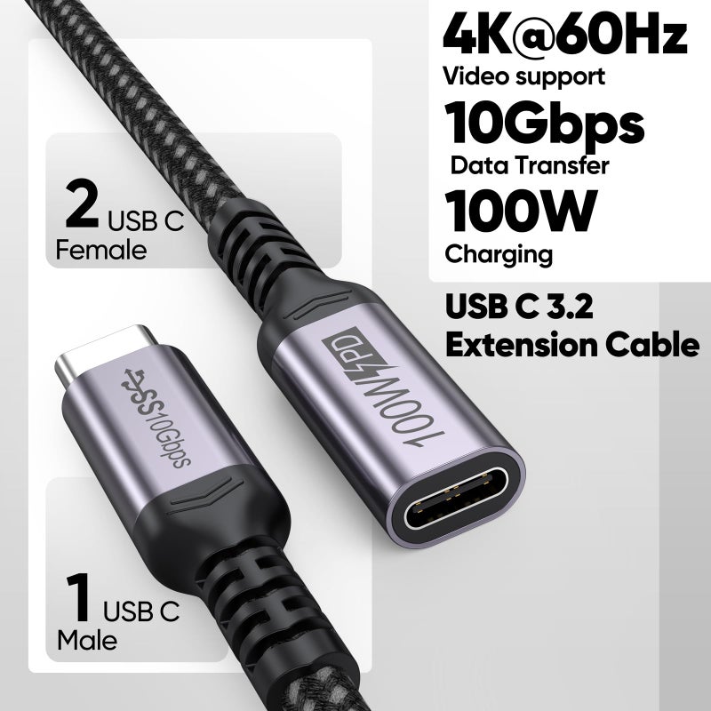 DteeDck USB C Extension Cable 6 inch Short, Full-Function Extender USB 3.2 Gen 2 Type C Male to Female Cord 100W Fast Charge 10Gbps Transfer 4K@60Hz Video for Monitor Laptop Tablet Mobile Phone -0.5Ft - Image 3