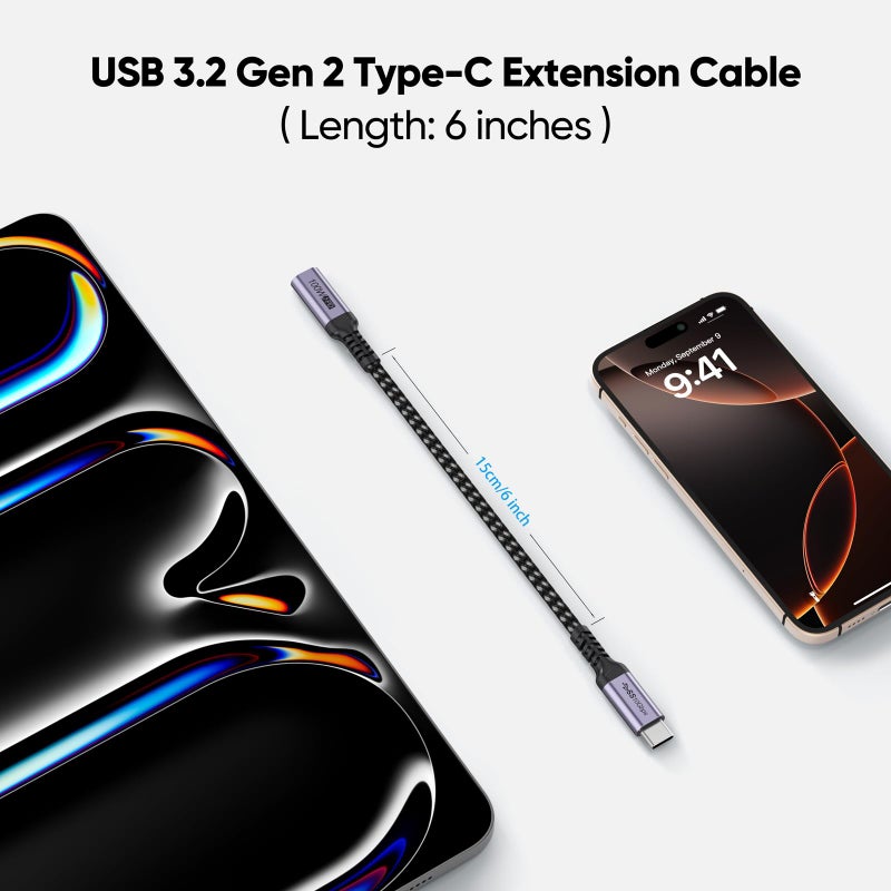 DteeDck USB C Extension Cable 6 inch Short, Full-Function Extender USB 3.2 Gen 2 Type C Male to Female Cord 100W Fast Charge 10Gbps Transfer 4K@60Hz Video for Monitor Laptop Tablet Mobile Phone -0.5Ft - Image 2