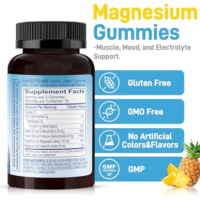 Biobor Potassium Magnesium Citrate Gummies, Magnesium Gummies Supplements with Vitamin D3, B6, Electrolyte Balance & Muscle, Stress Relaxation Support (60 Count (Pack of 1), Pineapple) - Image 2