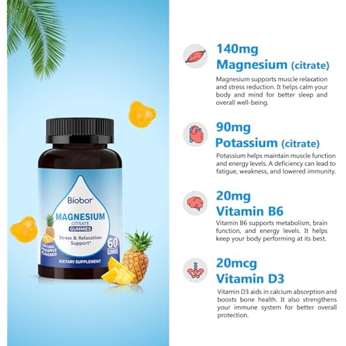 Biobor Potassium Magnesium Citrate Gummies, Magnesium Gummies Supplements with Vitamin D3, B6, Electrolyte Balance & Muscle, Stress Relaxation Support (60 Count (Pack of 1), Pineapple) - Image 4