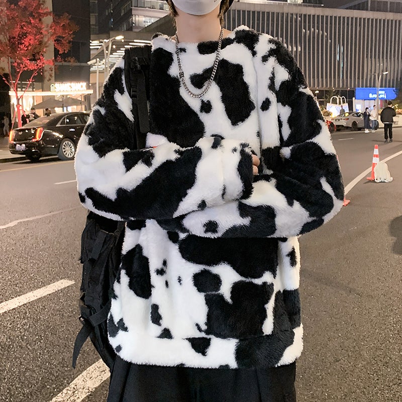 Lamb wool sweater mens autumn and winter trendy design ins tie-dyed thickened top Hong Kong style loose round neck coat Black