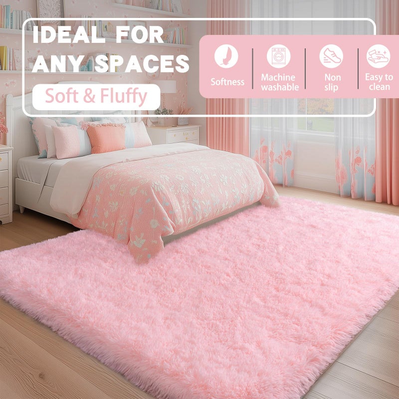 WISH TREE Fluffy Pink Rug for Bedroom Girls, 5x7 Soft Fuzzy Plush Shag Area Rug for Living Room, Cute Comfy Throw Rug for Kids, Non-Slip Indoor Shaggy Floor Carpet for Nursery Teen Dorms Home Decor Aesthetic - Image 4