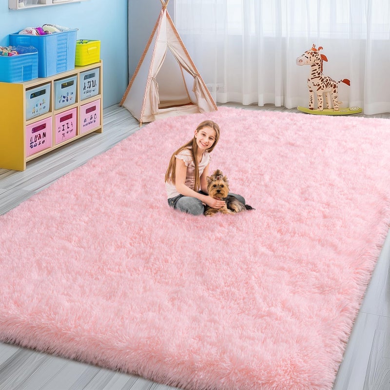 WISH TREE Fluffy Pink Rug for Bedroom Girls, 5x7 Soft Fuzzy Plush Shag Area Rug for Living Room, Cute Comfy Throw Rug for Kids, Non-Slip Indoor Shaggy Floor Carpet for Nursery Teen Dorms Home Decor Aesthetic - Image 3