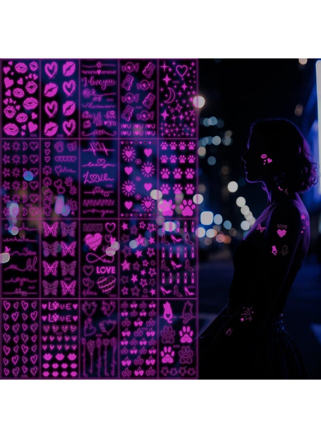 Xmasir UV Neon Temporary Tattoos 387 Pcs Valentines Pink Glow In The Dark Tattoo Stickers Heart Shaped Fake Waterproof Tattoos for Girls and Women Body Face Art Halloween Party - Image 2