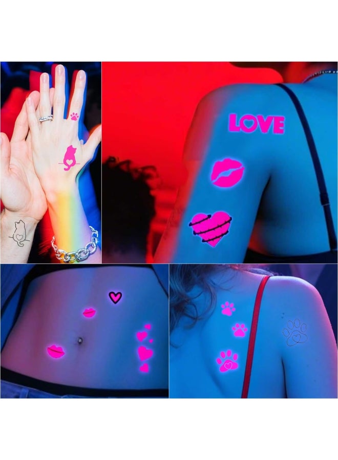 Xmasir UV Neon Temporary Tattoos 387 Pcs Valentines Pink Glow In The Dark Tattoo Stickers Heart Shaped Fake Waterproof Tattoos for Girls and Women Body Face Art Halloween Party - Image 4