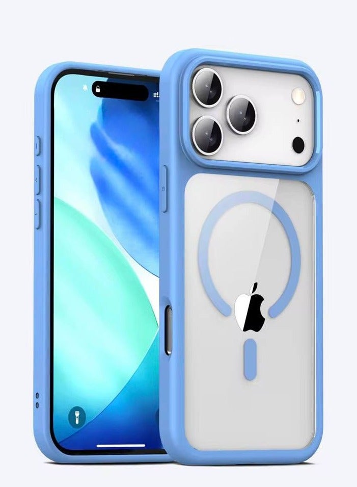 Denx Magnetic clear case for iPhone 17 Pro Max, High Grade Drop Protection with Shockproof Strip, Translucent Matte Back Phone Case | (Sierra Blue)