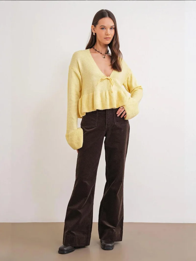 MixRay Mixray Bow Detailed Ruffled V-Neck Knit Sweater