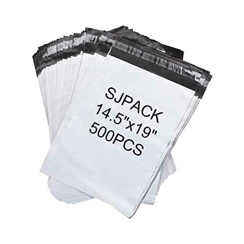 SJPACK 500pcs 145x19 Poly Mailers 25 Mil Envelopes Shipping Bags with Self Sealing Strip White Poly Mailers