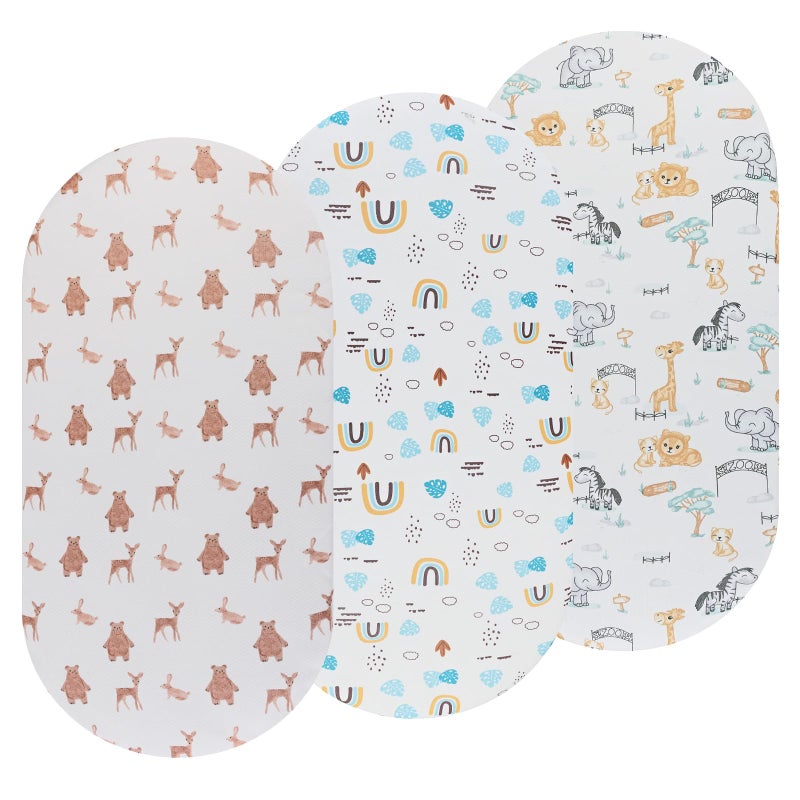 Bassinet Sheets 3 Pack Fitted for Baby Boy and Girl Stretchy Soft Knitted Baby Sheet Set Universal for Oval Rectangle and Hourglass Bassinet Mattress Unisex Cute Animal Printing