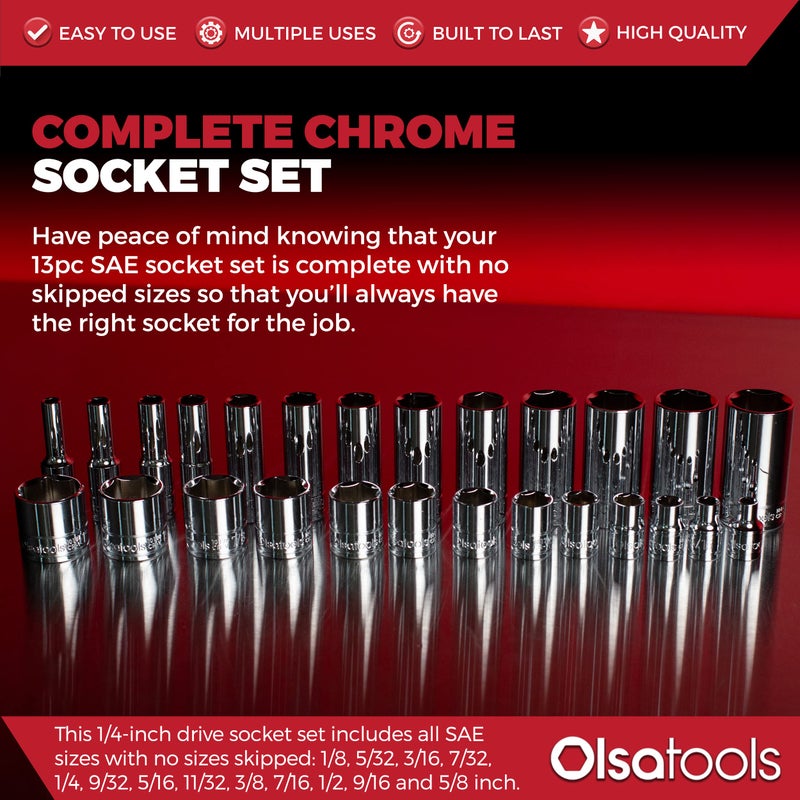 Olsa Tools Sae Socket Set (13Pc) | 1/4-Inch Drive | 6-Point Deep Socket Set | Standard Imperial Sizes From 1/8"" To 5/8"" | Mechanic Fractional Socket Sets | Long Chrome Sockets | Professional Grade - Image 3