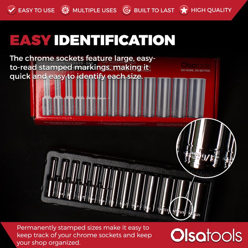 Olsa Tools Sae Socket Set (13Pc) | 1/4-Inch Drive | 6-Point Deep Socket Set | Standard Imperial Sizes From 1/8"" To 5/8"" | Mechanic Fractional Socket Sets | Long Chrome Sockets | Professional Grade - Image 4