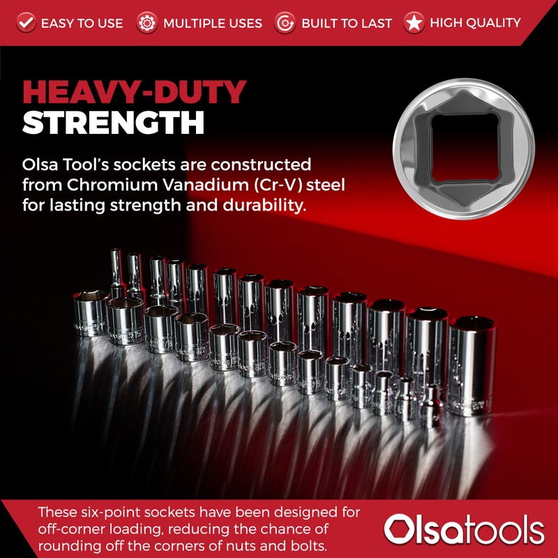 Olsa Tools Sae Socket Set (13Pc) | 1/4-Inch Drive | 6-Point Deep Socket Set | Standard Imperial Sizes From 1/8"" To 5/8"" | Mechanic Fractional Socket Sets | Long Chrome Sockets | Professional Grade - Image 5