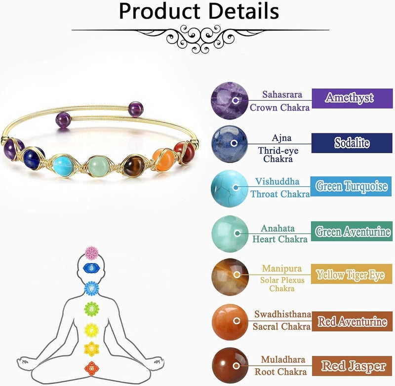 Excefore Chakra Stones Bracelets for Women - Adjustable 14K Gold Wire Wrapped Reiki Healing Crystal Jewelry with Natural Gemstone Beads - Yoga Energy Ankle Bracelet for Girls - Image 3