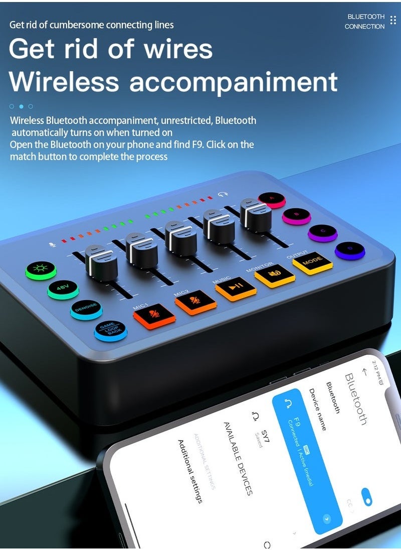 XiuWoo - F9 Live Sound Card Professional Live Mixer DIY Button Bluetooth Phantom Power DJ Mixer Suitable for Live Broadcast PC Recording - Image 1
