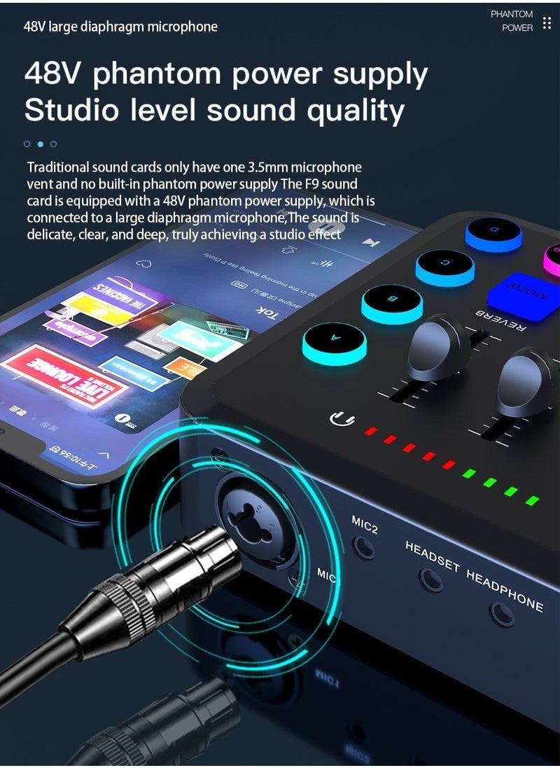 XiuWoo - F9 Live Sound Card Professional Live Mixer DIY Button Bluetooth Phantom Power DJ Mixer Suitable for Live Broadcast PC Recording - Image 1