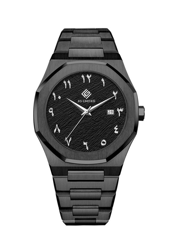 FG UNITED Mens Thin Design Black Dial Stainless Steel Arabic Numeric Watch 41mm - FG7004 - Image 1