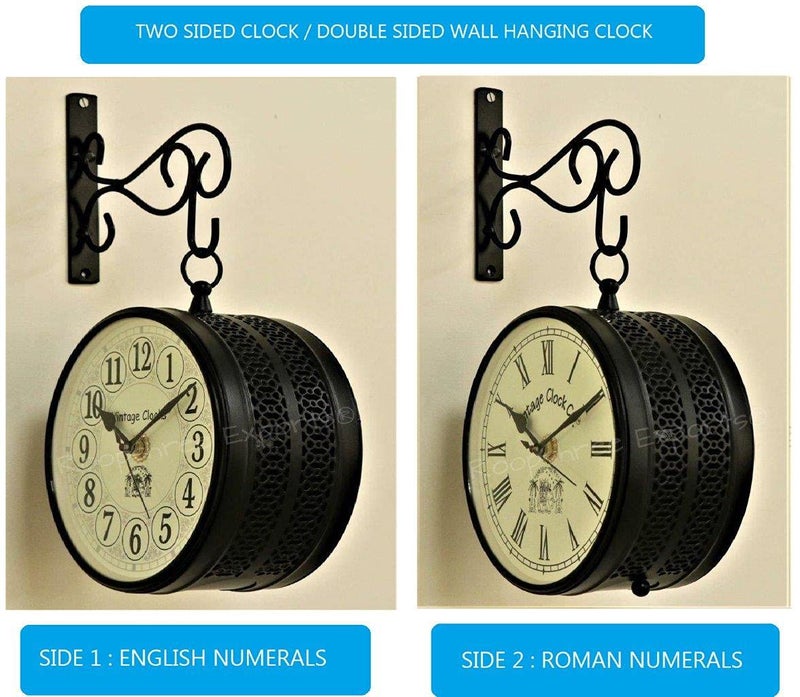 Vintage Clock Handcrafted Double Analog Side Clock with English & Roman Numbers 1 Year Warranty (6 Inches Size, Black Finish, Fret Jali Design), Iron - Image 2
