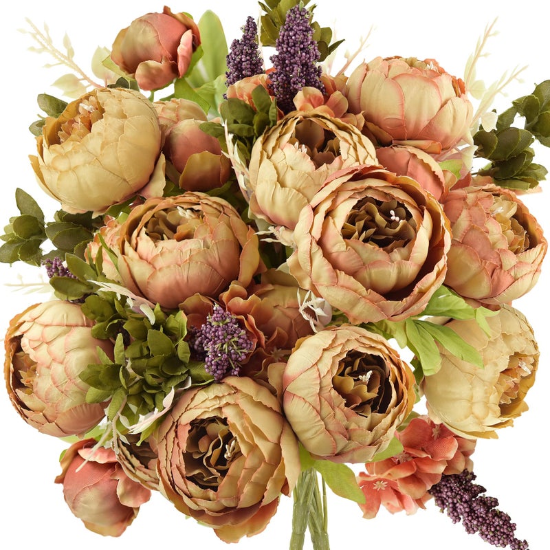 FiveSeasonStuff Tawny Brown Artificial Peony Bouquets, 2 Silk Flower Bundles with Hydrangea Accents for Wedding Centerpieces & Home Decor - Image 1