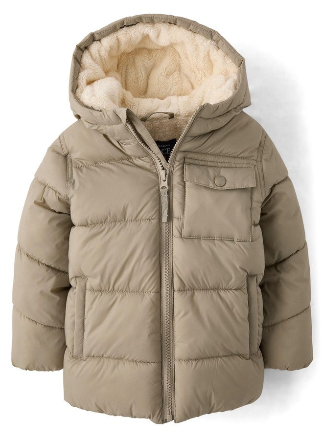 The Children's Place,Baby Boys,and Toddler Water and Wind Resistant Hooded Zip Front Puffer Jacket, Faux Fur Lined,Chinchilla,3 Years - Image 1