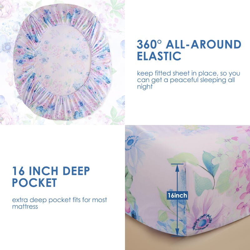 JSD Purple Hydrangea Floral Sheet Set Queen Size, 4 Piece Printed Microfiber Bed Sheets Deep Pocket - Image 4