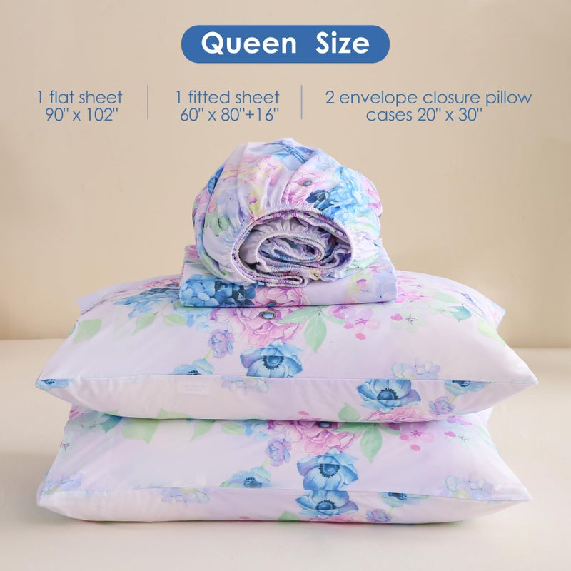 JSD Purple Hydrangea Floral Sheet Set Queen Size, 4 Piece Printed Microfiber Bed Sheets Deep Pocket - Image 2