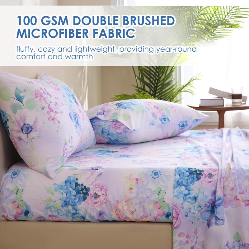 JSD Purple Hydrangea Floral Sheet Set Queen Size, 4 Piece Printed Microfiber Bed Sheets Deep Pocket - Image 5