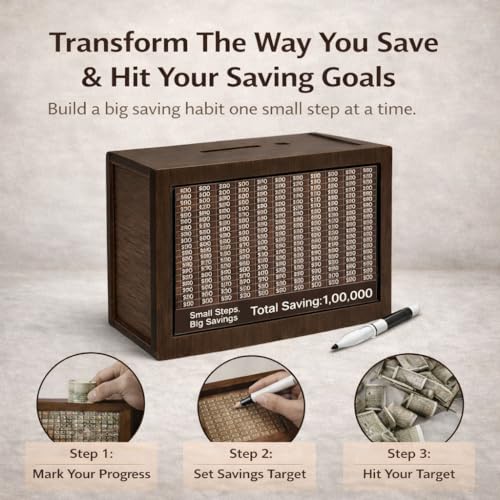 PulGos Wooden Money Saving Box with Marker | 1 Lakh (₹1,00,000) Goal Piggy Bank for Kids & Adults | Savings Tracker Gullak | Coin & Cash Deposit Wooden Money Bank | Money Milestone Box - Image 4