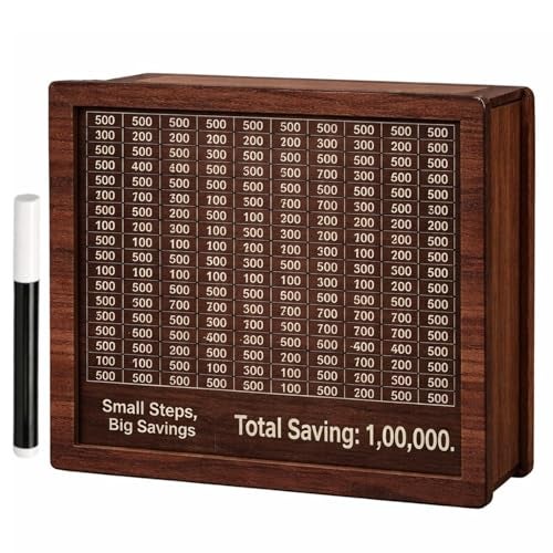 PulGos Wooden Money Saving Box with Marker | 1 Lakh (₹1,00,000) Goal Piggy Bank for Kids & Adults | Savings Tracker Gullak | Coin & Cash Deposit Wooden Money Bank | Money Milestone Box - Image 1
