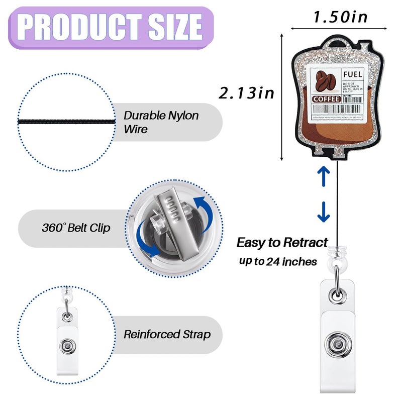 Bydevia Funny Coffee Fuel Glitter Badge Reel Retractable for Nurse Nursing RN CNA LPN Medical Worker & Office Staff | Cute Nurse Gifts, Coffee IV Bag Badge Holder with Alligator Clip & 24â€ Durable Nylon Cord - Image 2