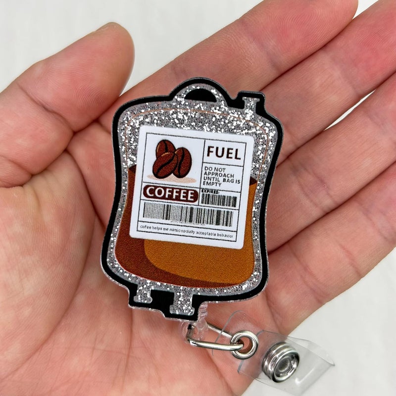 Bydevia Funny Coffee Fuel Glitter Badge Reel Retractable for Nurse Nursing RN CNA LPN Medical Worker & Office Staff | Cute Nurse Gifts, Coffee IV Bag Badge Holder with Alligator Clip & 24â€ Durable Nylon Cord - Image 3