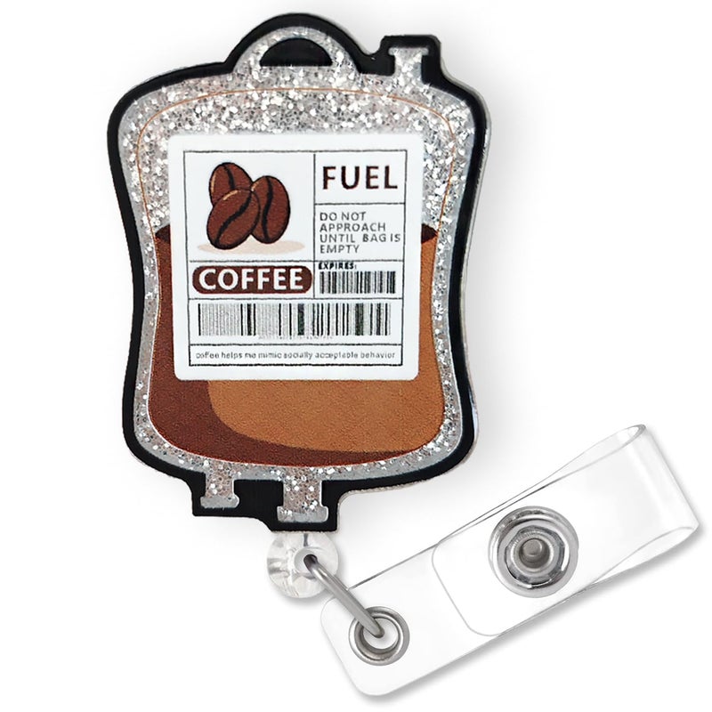 Bydevia Funny Coffee Fuel Glitter Badge Reel Retractable for Nurse Nursing RN CNA LPN Medical Worker & Office Staff | Cute Nurse Gifts, Coffee IV Bag Badge Holder with Alligator Clip & 24â€ Durable Nylon Cord - Image 1