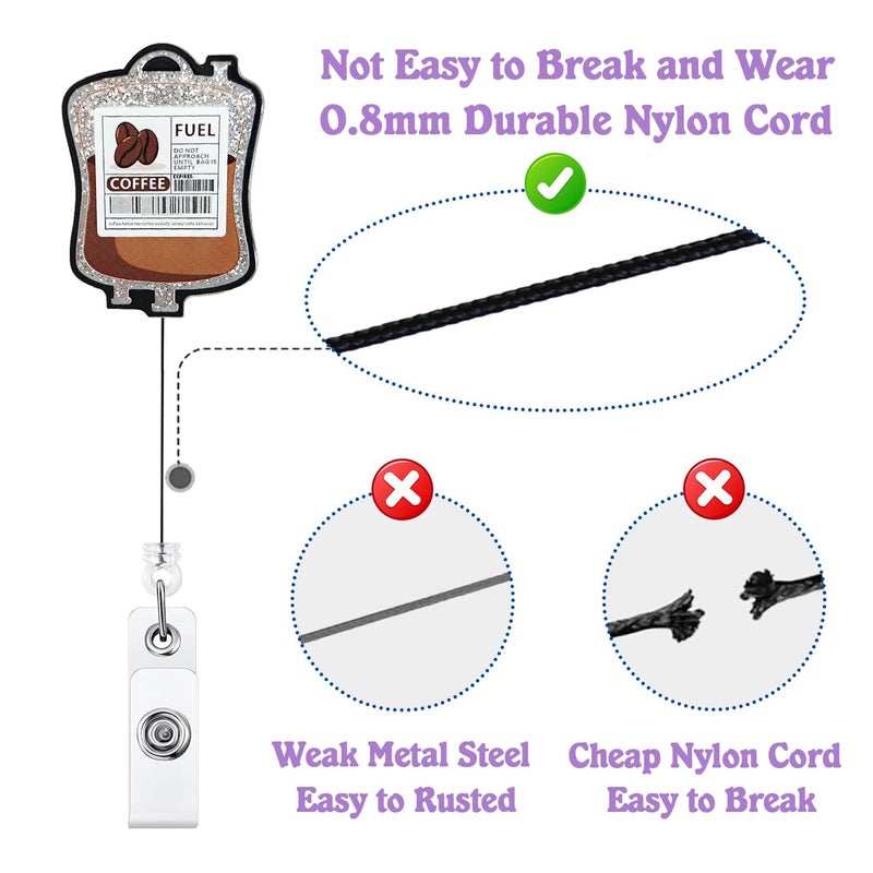 Bydevia Funny Coffee Fuel Glitter Badge Reel Retractable for Nurse Nursing RN CNA LPN Medical Worker & Office Staff | Cute Nurse Gifts, Coffee IV Bag Badge Holder with Alligator Clip & 24â€ Durable Nylon Cord - Image 4