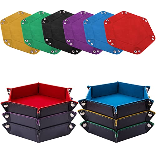 SIQUK 6 Pieces Dice Tray Hexagon Dice Rolling Holder Folding PU Leather Dice Trays for Dice Games Like RPG DND and Other Table GamesRed Blue Violet Black Green Yellow - Image 1