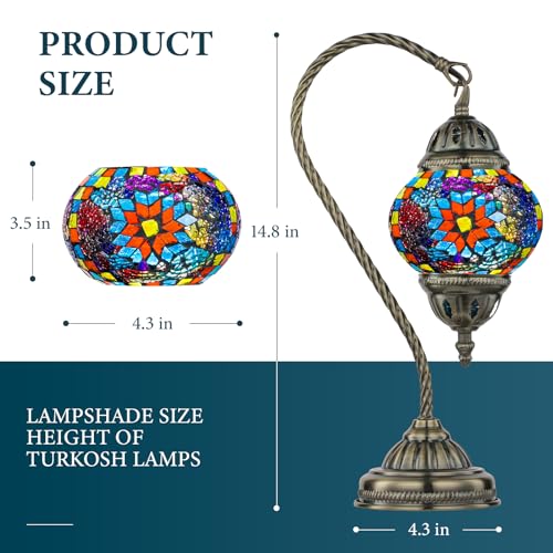 Marrakech مصباح مغربي تركي من مراكش، مصباح طاولة زجاج ملون، مصباح يدوي تركي مزخرف بقاعدة برونزية على شكل عنق البجعة بما في ذلك لمبة LED لتزيين غرفة المعيشة أو غرفة النوم (ملون مزخرف) - Image 3