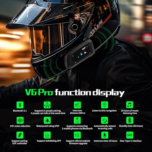 EJEAS Motorcycle Helmet Bluetooth Headset V6 Pro, 2-Way 1200M Motorbike Intercom Communication System for Ski/ATV/Dirt Motorbike/Off Road, Full-face Flip-up Helmets (1 Pack) - Image 2