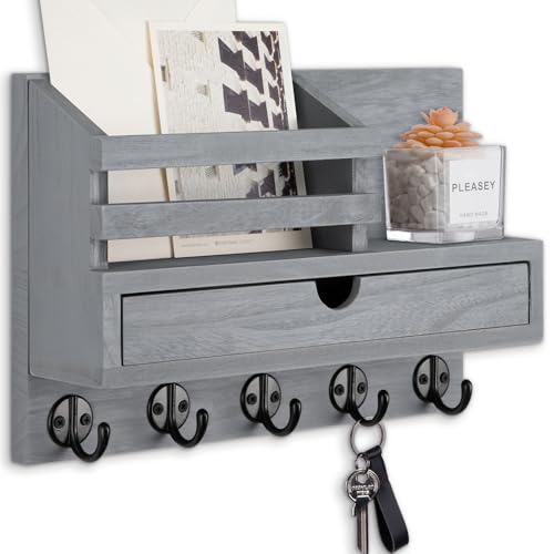Lucundm Key Holder Wall Mount Mail Holder with Storage Drawer and 5 Key Hooks for Coat Dog Leash Home Decor Rack House Accessories Entry Way Organizer Gray - Image 1