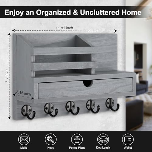 Lucundm Key Holder Wall Mount Mail Holder with Storage Drawer and 5 Key Hooks for Coat Dog Leash Home Decor Rack House Accessories Entry Way Organizer Gray - Image 3