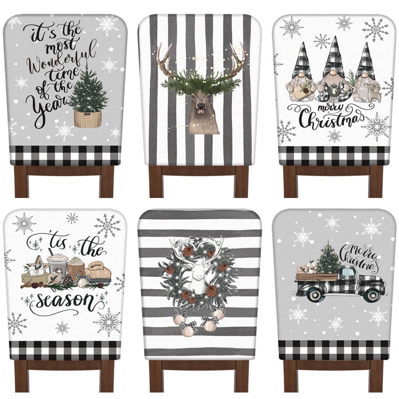 FuWeave فويف 6 أجهزة كمبيوتر كرسي عيد الميلاد يغطي كرسي عيد الميلاد أغطية خلفية كرسي عيد الميلاد واقي زلة قابلة للغسل أغطية مقعد غرفة الطعام الشتوية لزخارف المطبخ في الفندق (أبيض وأسود مدقق) - Image 1