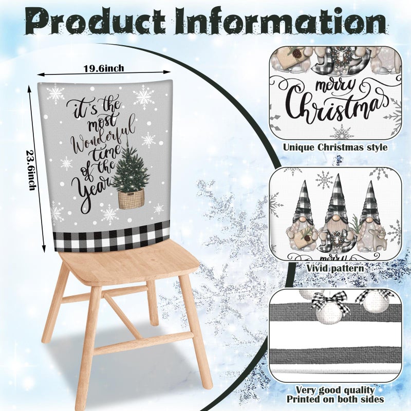FuWeave فويف 6 أجهزة كمبيوتر كرسي عيد الميلاد يغطي كرسي عيد الميلاد أغطية خلفية كرسي عيد الميلاد واقي زلة قابلة للغسل أغطية مقعد غرفة الطعام الشتوية لزخارف المطبخ في الفندق (أبيض وأسود مدقق) - Image 3