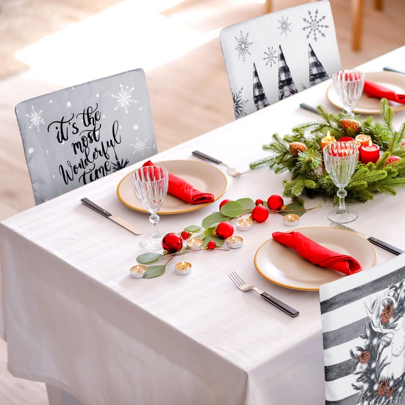 FuWeave فويف 6 أجهزة كمبيوتر كرسي عيد الميلاد يغطي كرسي عيد الميلاد أغطية خلفية كرسي عيد الميلاد واقي زلة قابلة للغسل أغطية مقعد غرفة الطعام الشتوية لزخارف المطبخ في الفندق (أبيض وأسود مدقق) - Image 5