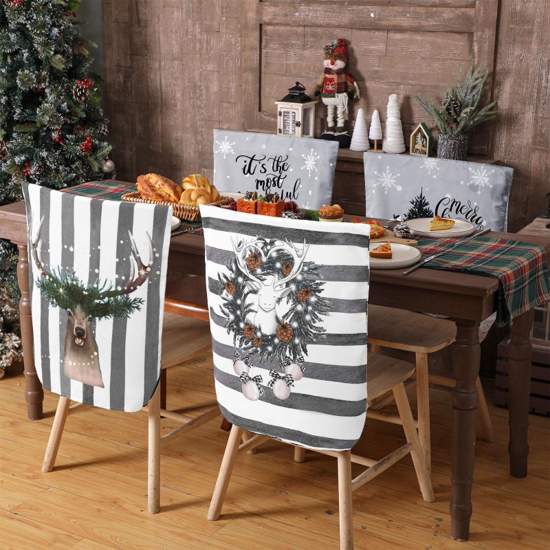FuWeave فويف 6 أجهزة كمبيوتر كرسي عيد الميلاد يغطي كرسي عيد الميلاد أغطية خلفية كرسي عيد الميلاد واقي زلة قابلة للغسل أغطية مقعد غرفة الطعام الشتوية لزخارف المطبخ في الفندق (أبيض وأسود مدقق) - Image 2