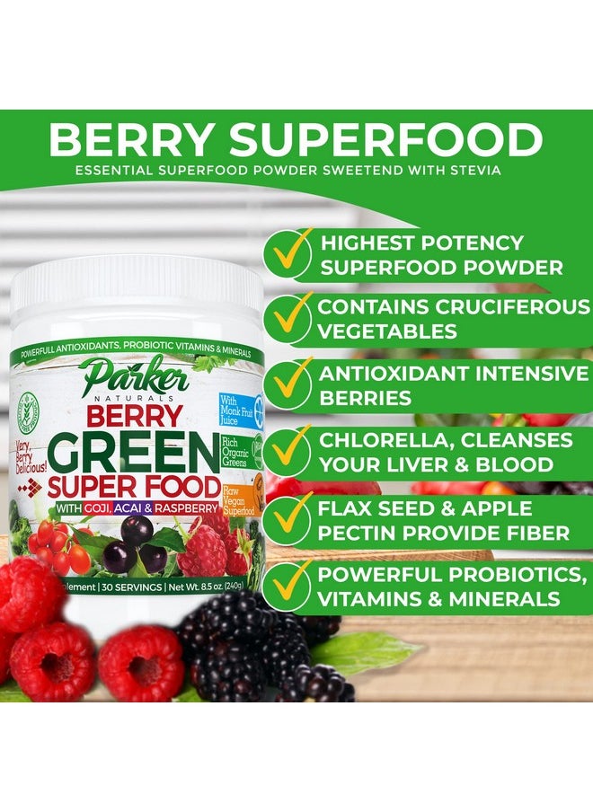 Parker Naturals - Berry Green Superfood Powder Smoothie Mix With Organic Greens  Organic Fruits Enzymes Probiotics Antioxidants Vitamins Minerals Alkalize  Detox Non Gmo Vegan  Gluten Free 240 Grams - Image 1
