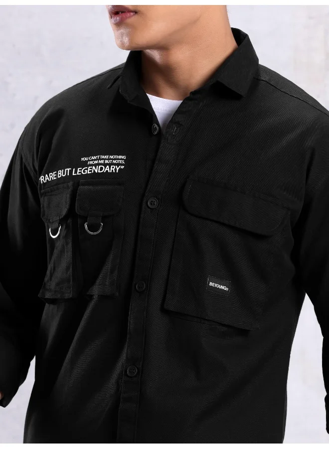 Beyoung Black Cotton Twill Relaxed-Fit Mens Shirt