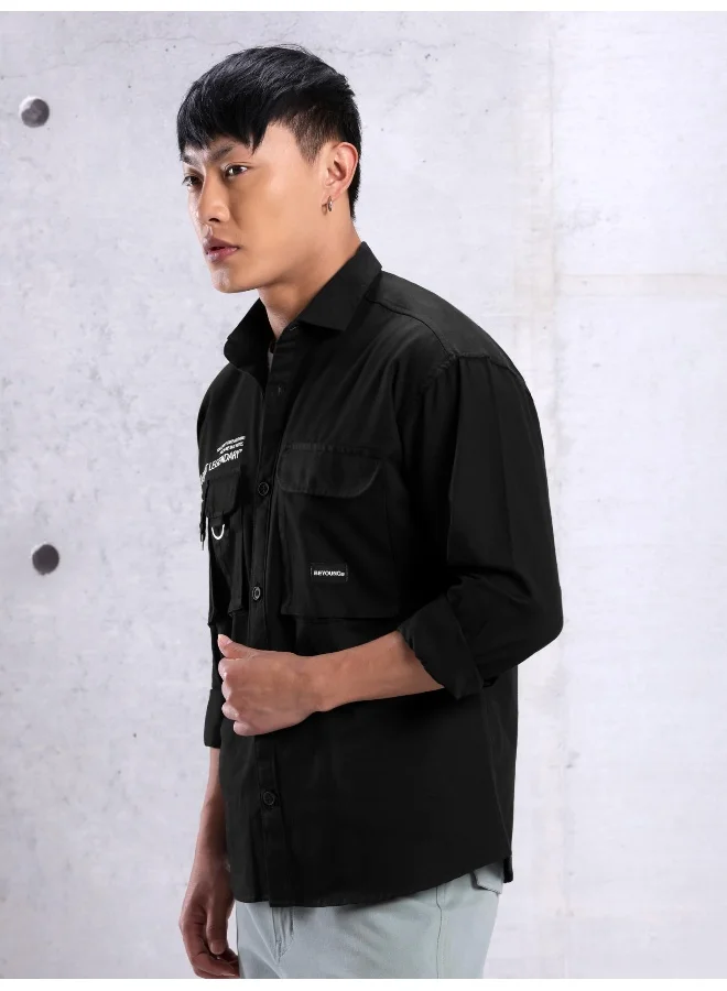 Beyoung Black Cotton Twill Relaxed-Fit Mens Shirt