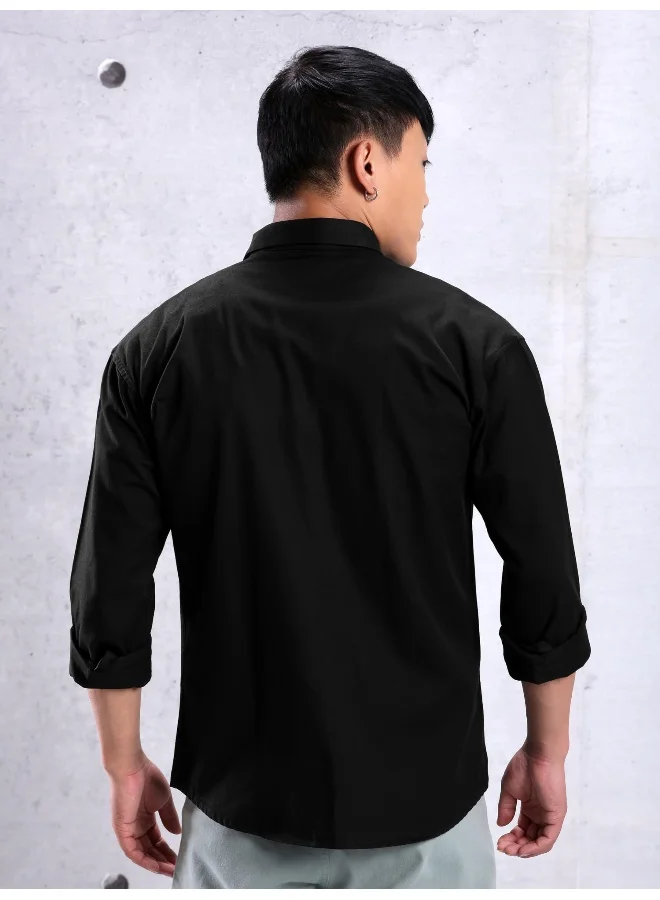 Beyoung Black Cotton Twill Relaxed-Fit Mens Shirt