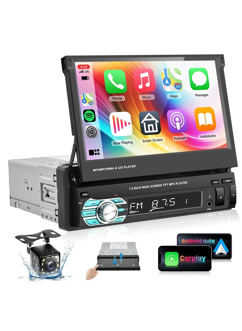 شو وو راديو ستيريو للسيارة مقاس 7 بوصات مع تطبيق Carplay وAndroid Auto وAirplay وMirrorLink، راديو سيارة قابل للطي بدقة 1080 بكسل وبلوتوث وراديو FM وكاميرا احتياطية عالية الدقة، ومنفذ USB 2.0 وبطاقة TF ومنافذ AUX-in، ويدعم SWC - Image 1