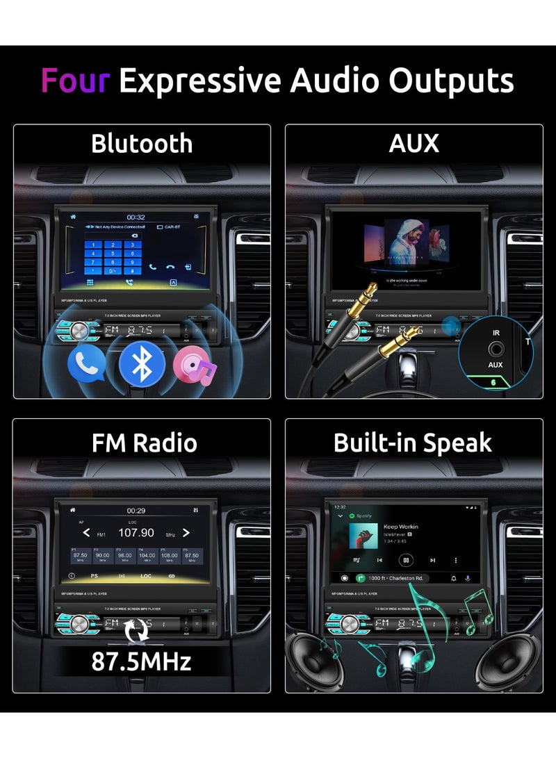 شو وو راديو ستيريو للسيارة مقاس 7 بوصات مع تطبيق Carplay وAndroid Auto وAirplay وMirrorLink، راديو سيارة قابل للطي بدقة 1080 بكسل وبلوتوث وراديو FM وكاميرا احتياطية عالية الدقة، ومنفذ USB 2.0 وبطاقة TF ومنافذ AUX-in، ويدعم SWC - Image 5
